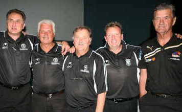 Rale Rasic and John Garside (centre) with The Ultimate Coaching Team in Emerald, ahead of this week’s junior coaching clinics. Rale Rasic and John Garside (centre) with The Ultimate Coaching Team in Emerald, ahead of this week’s junior coaching clinics.